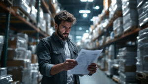 A photograph of a frustrated business owner standing in a dimly lit warehouse