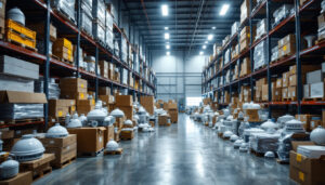 A photograph of a warehouse filled with various types of hazardous location lighting fixtures