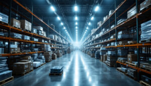 A photograph of a bustling warehouse filled with stacks of commercial lighting fixtures