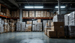 A photograph of a warehouse filled with stacked boxes of vapor tight high bay lights