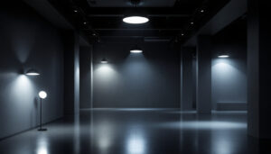 A photograph of a dimly lit architectural space showcasing various lighting designs