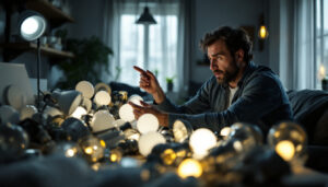 A photograph of a frustrated homeowner examining a pile of mismatched and low-quality light fixtures in a dimly lit room