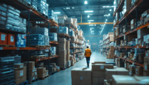 A photograph of a busy warehouse filled with stacks of electrical supplies and controls