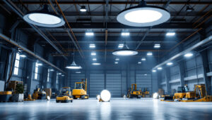 A photograph of a well-lit industrial space showcasing various high bay lighting fixtures in action