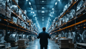 A photograph of a warehouse filled with large industrial ceiling fans