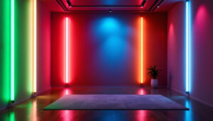 A photograph of a well-designed interior space illuminated by vibrant strip lights