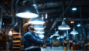 A photograph of a well-lit industrial setting featuring vapor tight lighting fixtures in use