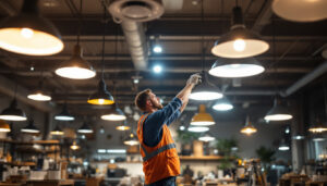 A photograph of a well-lit commercial space showcasing various shop lights in use