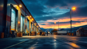 A photograph of a well-lit loading dock scene at dusk