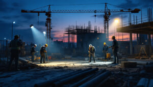 A photograph of a construction site at dusk