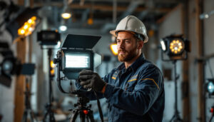 A photograph of a professional lighting contractor in action