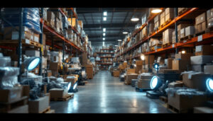 A photograph of a cluttered warehouse filled with various types of work lights