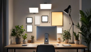 A photograph of a well-lit workspace featuring a variety of flat panel lights in different settings