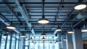 A photograph of a well-lit commercial space featuring drop ceiling lights in various styles