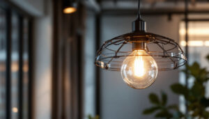 A photograph of a stylishly designed suspended light fixture in a modern interior setting