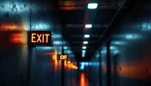 A photograph of a dimly lit corridor featuring illuminated emergency exit lights