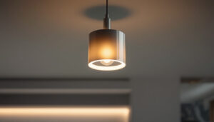 A photograph of a stylishly designed cylinder light fixture installed in a modern interior setting