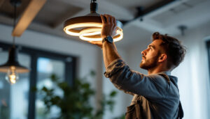 A photograph of a skilled lighting contractor expertly installing or adjusting a stylish wrap lighting fixture in a modern interior space