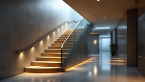 A photograph of a well-lit stairway and corridor