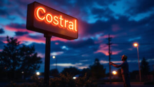 A photograph of a well-lit commercial sign at twilight