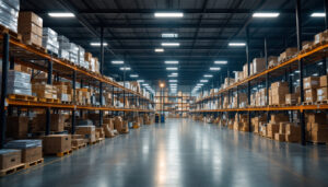 A photograph of a bustling warehouse filled with various troffer lights