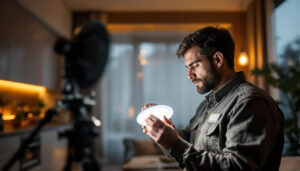 A photograph of a lighting contractor meticulously installing wafer lights in a modern residential setting