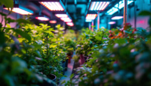 A photograph of a well-lit indoor garden or greenhouse showcasing various plants under vibrant grow lights