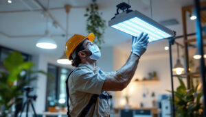 A photograph of a modern lighting contractor installing uv disinfecting lights and air purifier fixtures in a commercial space