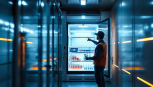 A photograph of a well-lit refrigeration unit showcasing various types of energy-efficient lighting solutions