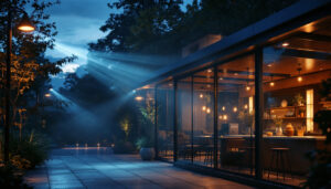 A photograph of a well-lit outdoor space showcasing various types of flood lights in action