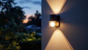 A photograph of a beautifully illuminated outdoor wall light installed on a home exterior