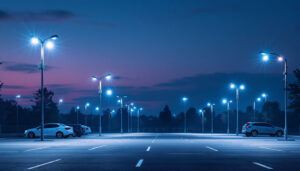 A photograph of a well-lit parking lot at dusk