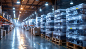 A photograph of a bustling warehouse filled with stacks of networked controlled lighting equipment