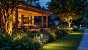 A photograph of a beautifully illuminated outdoor space featuring various styles of post top lights in use