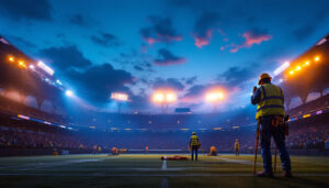 A photograph of a brightly lit stadium at dusk