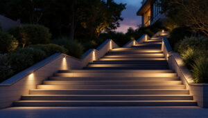 A photograph of a beautifully illuminated outdoor stairway at dusk