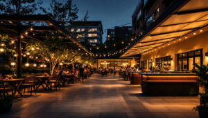 A photograph of a well-lit outdoor space featuring various styles of canopy lights in use