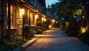 A photograph of a well-lit outdoor area featuring strategically placed motion sensor lights illuminating pathways and highlighting security features