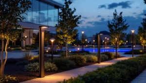 A photograph of a beautifully illuminated outdoor space featuring various styles of bollard lights in use