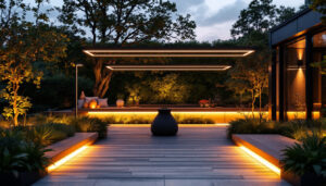 A photograph of a beautifully illuminated outdoor space featuring various linear light fixtures in use