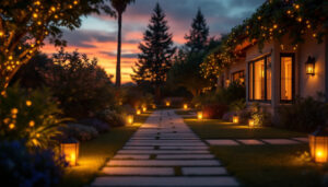 A photograph of a beautifully illuminated outdoor scene transitioning from dusk to dawn