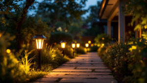 A photograph of a well-lit outdoor setting featuring solar-powered led lights illuminating a pathway or garden