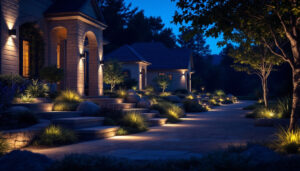 A photograph of a beautifully illuminated outdoor landscape at dusk