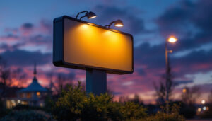 A photograph of a well-lit outdoor sign at dusk