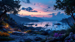 A photograph of a beautifully illuminated coastal landscape at dusk