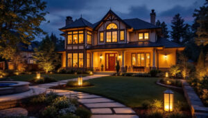 A photograph of a beautifully illuminated outdoor space featuring various styles of house lights