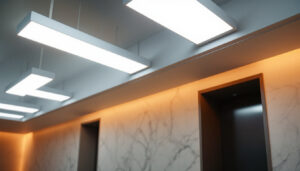 A photograph of capture a photograph of a modern interior space featuring architectural square linear lights