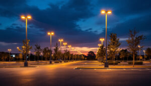 A photograph of a well-lit architectural parking lot at dusk