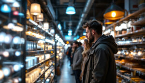 A photograph of a bustling local lighting store with a focus on unsatisfied customers browsing through a limited selection of cylinder lights