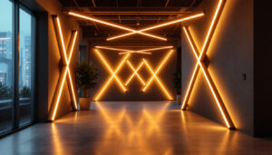 A photograph of capture a photograph of a modern interior space featuring architectural x-shaped linear lights